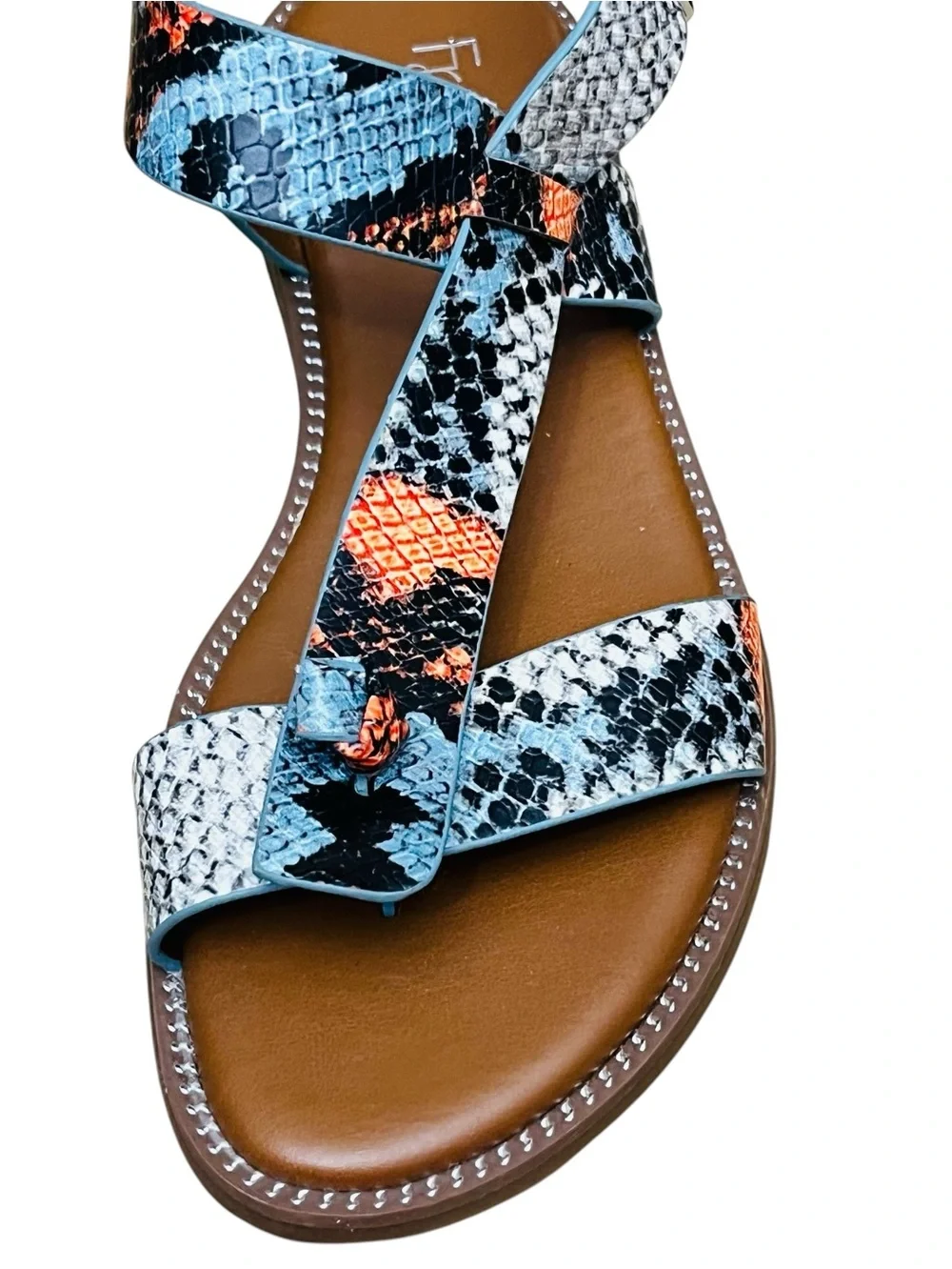 Franco Sarto Glenni Sandals Womens 6.5 M Snake Print Ankle Strap Toe-Post Flat